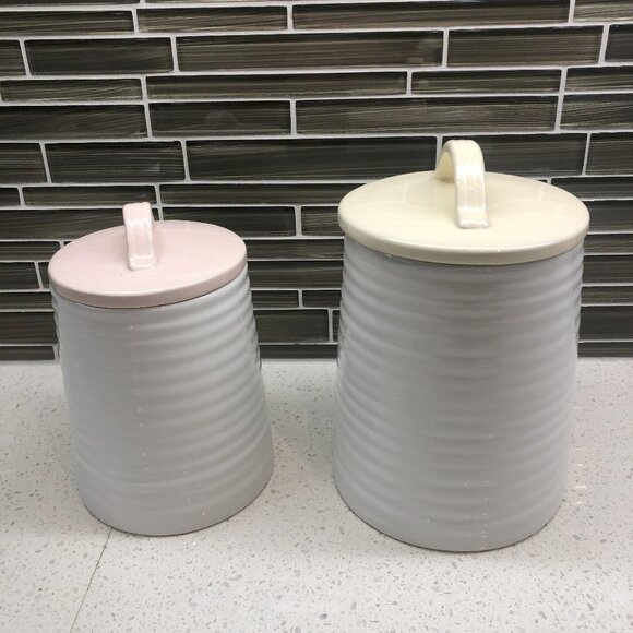 Baby Pink, Yellow and White Stoneware Jars with Sealed Lids – Set of 2 - Picture 1 of 9